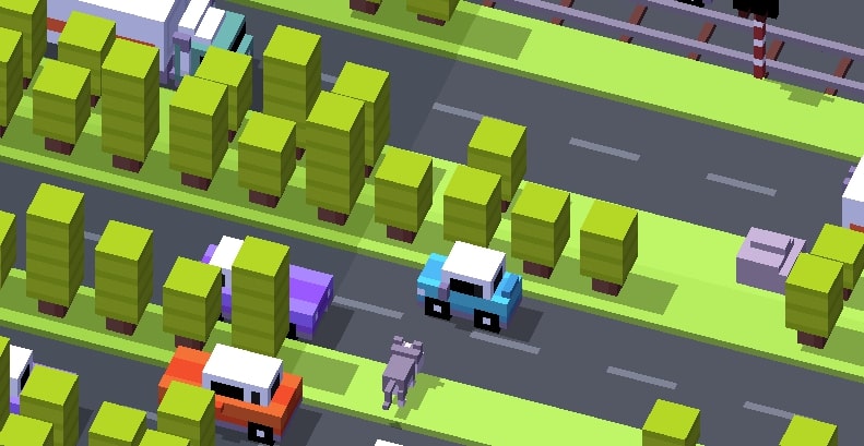 Character trying to overcome obstacles in Crossy Road game at geometryliteonline.com