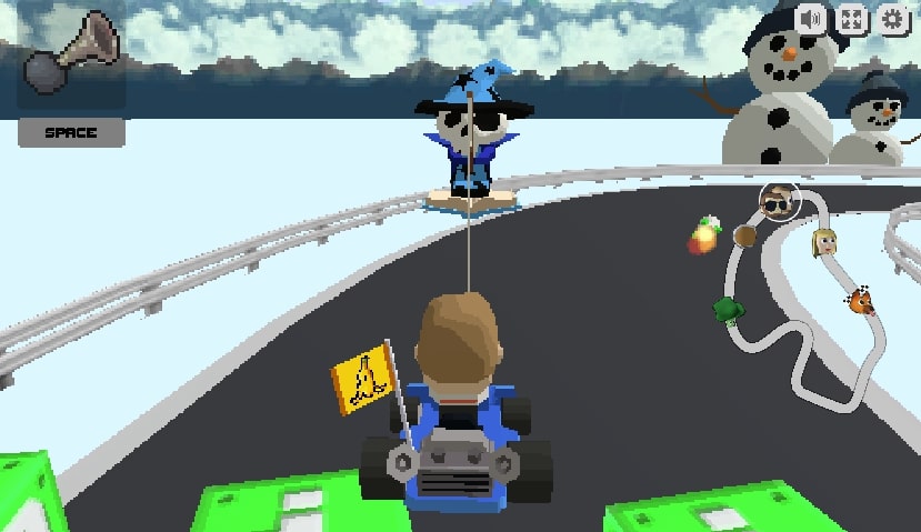 Don't worry if you accidentally fall off the track. The wizard will bring you back to the right track in the Kart Bros game 