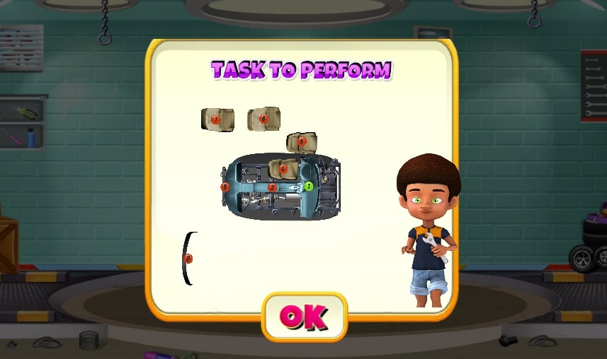 The character is guiding the player on how to assemble the interior parts of a car step by step at Craty Car game on geometryliteonline.com