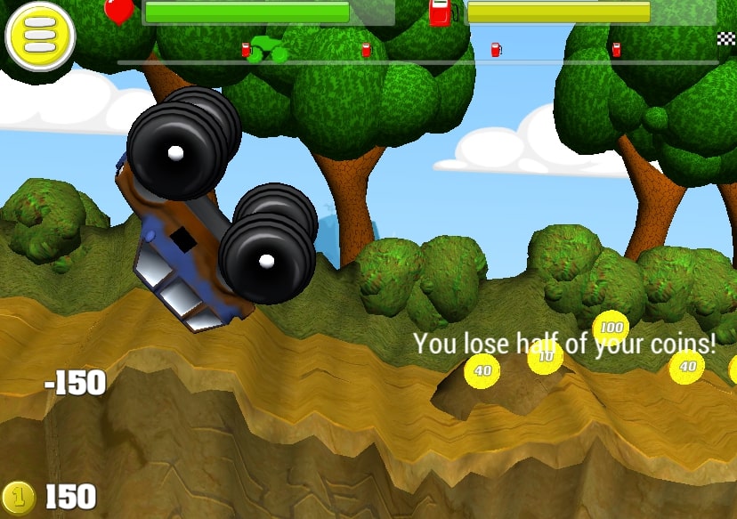 When you have been flipped over for a long time and have flipped your car back over, the game will deduct half of the coins you just earned in that level in Mad Trails game at geometryliteonline.com